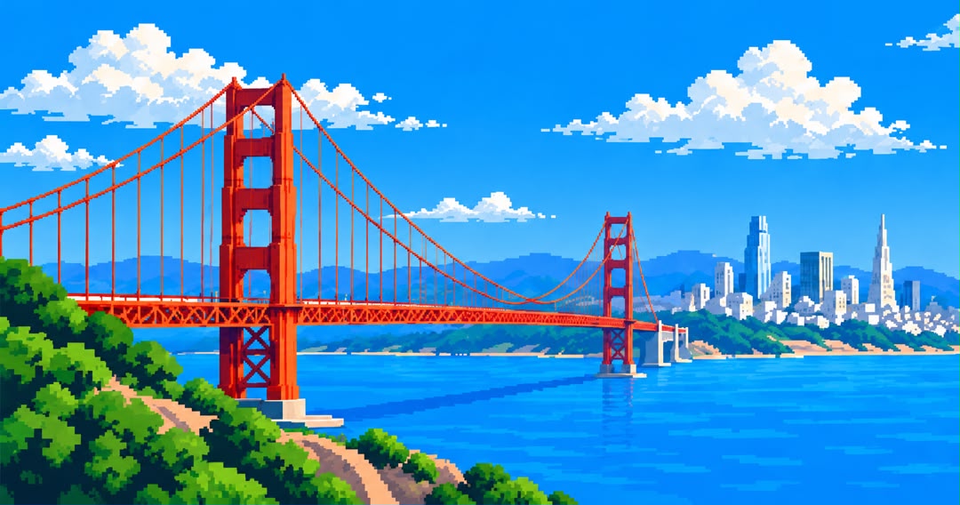 Pixel-art Golden Gate Bridge overlooking San Francisco Bay